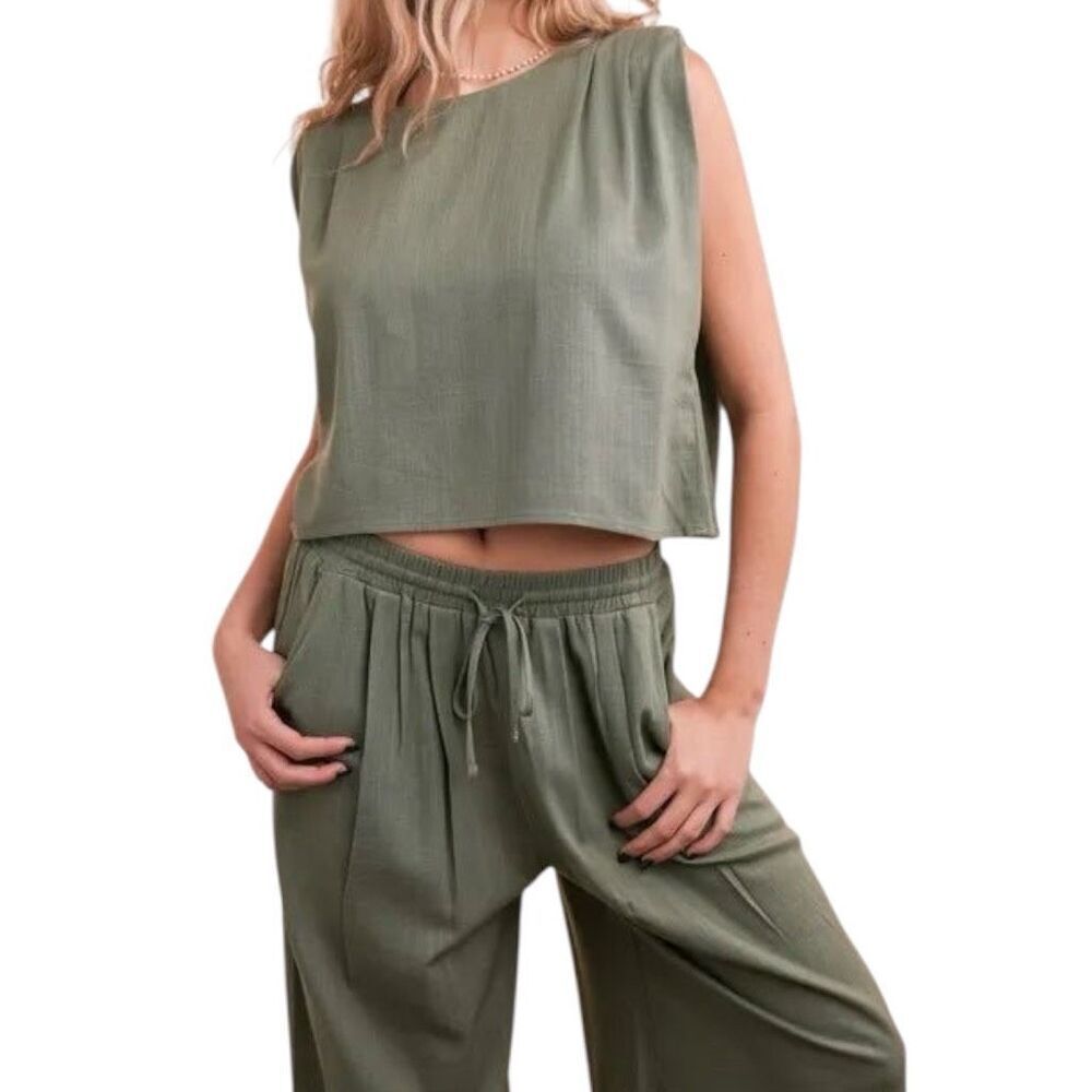 Linen Crop Top & Wide Leg Pant Set NWT | Olive Green | Very J - Picture 5 of 8